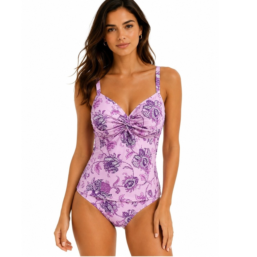 Lands End Women Tankini Purple Floral Paisley‎ Twist Front Swim 12